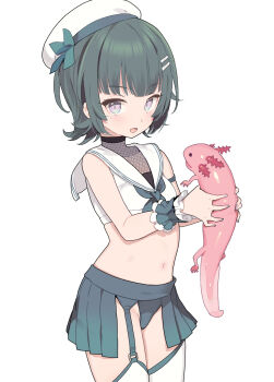 1girl animal axolotl beret blade_(galaxist) blunt_bangs breasts collarbone commentary_request commission cowboy_shot cropped_shirt frilled_cuffs garter_straps green_hair grey_eyes grey_nails hair_ornament hairclip hat highres holding holding_animal looking_at_viewer midriff mole mole_under_eye navel neckerchief palette_project parted_lips pleated_skirt revealing_clothes sailor_collar salamander school_uniform second-party_source serafuku shirt short_hair simple_background skirt sleeveless sleeveless_shirt small_breasts solo thighhighs tokiwa_kaname virtual_youtuber white_background white_shirt white_thighhighs