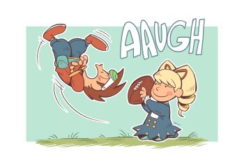 Rule 34 | 1boy, 1girl, absurdres, american football (object), ball, blonde hair, bow, brown hair, cartoonized, charles schulz (style), commentary, drill hair, english commentary, fingerless gloves, geo stelar (mega man), gloves, grass, hair bow, highres, luna platz (mega man), mega man (series), mega man star force (series), mewymarsher, on grass, open mouth, peanuts (comic), red gloves, red shoes, shoes, smile, toon (style), twin drills