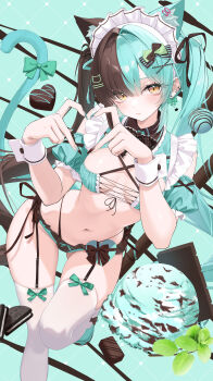 1girl absurdres animal_ear_fluff animal_ear_piercing animal_ears aqua_background aqua_bow aqua_hair aqua_nails aqua_panties aqua_shoes aqua_tail aqua_theme bare_shoulders black_bow black_nails black_panties blunt_bangs blush bow bow_earrings bow_legwear bowtie bra breasts breasts_apart brown_hair candy cat_ears cat_girl cat_hair_ornament cat_tail chocolate chocolate_heart closed_mouth commentary_request criss-cross_straps criss-cross_strings crop_top dessert detached_sleeves dutch_angle earrings food four-finger_heart_hands frilled_headwear frills front-tie_top garter_straps gluteal_fold green_bra hair_between_eyes hair_bow hair_ornament hairband hairclip hands_up heart heart-shaped_food heart_hands highres ice_cream jewelry leg_up loafers long_hair looking_at_viewer medium_breasts mint mint_chocolate mirea multi-strapped_panties multicolored_hair nail_polish navel original panties parallel_hairclips puffy_detached_sleeves puffy_short_sleeves puffy_sleeves shoes short_sleeves solo split-color_hair standing standing_on_one_leg stomach string_bra string_panties tail tail_bow tail_ornament tail_raised thighhighs thighs twintails two-tone_hair underwear very_long_hair watermark white_hairband white_thighhighs white_wrist_cuffs wing_collar wrist_cuffs x_hair_ornament yellow_eyes