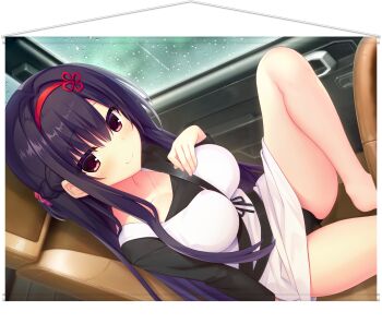 1girl barefoot between_breasts black_hair black_panties black_shirt blush braid breast_suppress breasts cameltoe car_interior closed_mouth clothes_lift dress dress_lift dutch_angle eyes_visible_through_hair foot_out_of_frame hair_between_eyes hair_intakes hairband half_up_braid hamidashi_creative hand_up highres kamakura_shio knee_up large_breasts long_hair long_sleeves looking_at_viewer official_art panties ponytail rain red_eyes red_hairband safety_belt shirt short_dress short_ponytail sidelocks sitting smile solo split_mouth straight_hair thighs transparent_background underwear utsunomiya_tsumire very_long_hair white_dress window