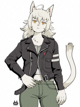 1girl :&lt; ahoge animal_ears animal_nose belt black_belt black_jacket body_fur cat_ears cat_tail claws colored_eyebrows colored_eyelashes crop_top furry furry_female green_pants hair_between_eyes hand_on_own_hip highres jacket kyarumin leather leather_jacket long_hair long_sleeves open_belt original pants release_date stomach tail watermark white_background white_eyelashes white_fur white_hair white_tail yellow_eyes