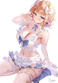 1girl absurdres blue_bow bow breasts character_request cleavage commentary commission copyright_notice earrings english_commentary eyelashes frilled_skirt frills grey_nails hair_ornament highres horns indie_virtual_youtuber isari_sensei jewelry kneeling midriff navel orange_eyes orange_hair pointy_ears skirt slippers solo star_(symbol) star_hair_ornament virtual_youtuber white_bow white_horns white_skirt