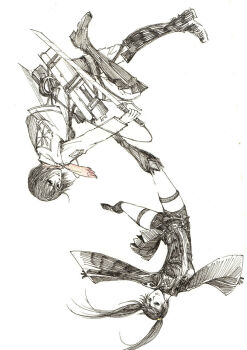 2girls armored_boots belt black_belt black_boots black_gloves black_hair black_jacket black_order_uniform black_shorts black_skirt bob_cut boots commentary cross crossover d.gray-man emblem facing_viewer floating floating_clothes floating_hair gloves greyscale hair_between_eyes hair_ornament hairclip holding holding_sword holding_weapon jacket lenalee_lee limited_palette lokisora long_hair long_sleeves looking_at_viewer mikasa_ackerman miniskirt monochrome multiple_girls outstretched_arms pants paradis_military_uniform parted_bangs red_scarf scarf shingeki_no_kyojin short_hair shorts sidelocks simple_background skirt striped_clothes striped_jacket survey_corps survey_corps_(emblem) sword thigh_strap thighs three-dimensional_maneuver_gear twintails upside-down vertical-striped_clothes vertical-striped_jacket very_long_hair weapon white_background wide_sleeves