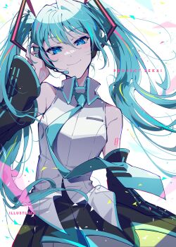 1girl aqua_hair aqua_trim arm_at_side artist_name bare_shoulders black_skirt black_sleeves blue_eyes breasts bright_pupils closed_mouth collared_shirt commentary_request copyright_name cowboy_shot detached_sleeves double-parted_bangs from_below hair_between_eyes hair_intakes hair_ornament hand_up hatsune_miku head_tilt headset highres illustluce korean_commentary light_particles long_hair long_sleeves looking_at_viewer miniskirt pleated_skirt project_sekai shirt simple_background skirt sleeveless sleeveless_shirt small_breasts smile solo standing straight-on tie_clip triangle twintails very_long_hair vocaloid white_background white_pupils white_shirt wide_sleeves