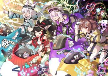 4girls :d ^_^ ahoge animal_ear_piercing animal_ears aqua_jacket aqua_shirt aqua_shorts belt black_boots black_hair black_pantyhose bone_hair_ornament boots braid breasts brown_eyes brown_hair brown_tail cat_ears cat_girl cat_tail cleavage cleavage_cutout closed_eyes closed_mouth clothing_cutout collared_jacket collared_shirt commentary_request copyright_name cropped_jacket cropped_shirt crossed_bangs detached_sleeves dog_ears dog_girl dog_tail double-parted_bangs extra_ears fingerless_gloves fox_ears fox_girl gloves goggles goggles_on_head hair_between_eyes hair_ornament hairclip hololive hololive_gamers hood hooded_jacket inugami_korone jacket lace-up_boots long_hair low_ponytail low_twin_braids medium_hair midriff miofa_(ookami_mio) multicolored_hair multiple_girls navel nekomata_okayu official_alternate_costume official_art ookami_mio open_mouth oruyanke_(shirakami_fubuki) pants pantyhose pointing ponytail purple_eyes purple_hair purple_jacket purple_pants red_belt red_hair red_jacket riding sacanahen shirakami_fubuki shirt short-sleeved_jacket short_sleeves shorts shoulder_cutout sidelocks sleeveless sleeveless_shirt smile streaked_hair sukonbu_(shirakami_fubuki) tail tail_around_own_leg thigh_strap thighhighs turtleneck twin_braids virtual_youtuber white_gloves white_hair white_shirt white_thighhighs wide_sleeves wolf_ears wolf_girl wolf_tail yellow_jacket yellow_shorts