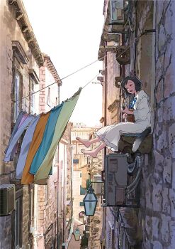 1girl absurdly_detailed_composition air_conditioner animal_ears barefoot black_hair building cat_ears cat_girl cat_tail city clothes_hanger clothesline day dress guitar highres holding holding_guitar holding_instrument instrument lantern music original outdoors playing_guitar playing_instrument scenery slice_of_life solo tail umishima_senbon white_dress