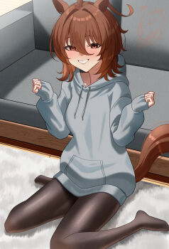 1girl agnes_tachyon_(umamusume) alternate_costume animal_ears black_pantyhose blush brown_hair commentary_request couch grey_hoodie hair_between_eyes hair_intakes hands_up highres hood hood_down hoodie horse_ears horse_girl horse_tail indoors long_sleeves looking_at_viewer medium_hair motusii pantyhose puffy_long_sleeves puffy_sleeves red_eyes sitting sleeves_past_wrists smile solo tail umamusume wariza