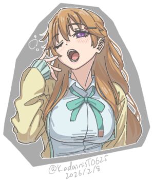Rule 34 | 1girl, blue shirt, breasts, brown hair, cardigan, commentary request, cropped torso, dated, green ribbon, hair ornament, hairclip, highres, kadainist, konoe kanata, large breasts, looking at viewer, loose neck ribbon, love live!, love live! nijigasaki high school idol club, neck ribbon, nijigasaki school uniform, one eye closed, open cardigan, open clothes, open mouth, paint chat (medium), purple eyes, ribbon, school uniform, shirt, solo, squeans, summer uniform, teeth, twitter username, yawning, yellow cardigan