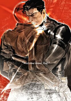 batman batman_(series) black_bodysuit black_gloves black_hair bodysuit brown_jacket bruce_wayne dc_comics gloves grey_bodysuit guoba7777 highres jacket jason_todd male_focus mask multicolored_bodysuit multiple_boys muscular muscular_male open_clothes pants red_hood_(dc) red_hood_and_the_outlaws red_mask short_hair superhero_costume taut_bodysuit two-tone_bodysuit