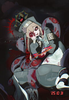 2girls absurdres animal_ears aqua_neckerchief black_eyes black_jacket black_veil blood blood_on_hands blue_archive dress extra_eyes green_dress halo hand_over_eye highres jacket looking_at_viewer mari_(blue_archive) moya02_ku multiple_girls neckerchief open_mouth orange_hair teeth upper_teeth_only veil white_dress yellow_halo