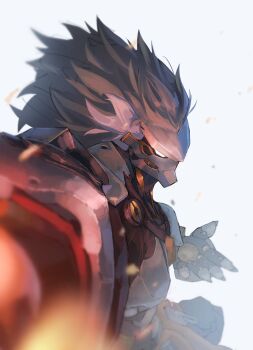 1boy artificial_eye banyue_(zenless_zone_zero) blurry blurry_foreground claws clothed_robot clothes_around_waist commentary_request grey_hair hand_up highres holding holding_orb humanoid_robot long_hair male_focus mechanical_eye mechanical_hands metal_skin orb robot robot_boy simple_background solo tsubakuro31 upper_body white_background zenless_zone_zero