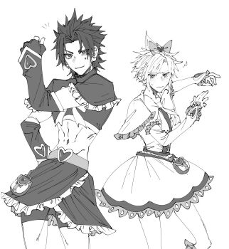 Rule 34 | 2boys, arm warmers, bike shorts, black arm warmers, blush, bow, brooch, closed mouth, cloud strife, cosplay, crossdressing, crossdressing (mtf), cure black, cure black (cosplay), cure black pose, cure white, cure white (cosplay), cure white pose, dress, earrings, embarrassed, final fantasy, final fantasy vii, fingerless gloves, frilled skirt, frills, futari wa precure, gloves, greyscale, hair bow, heart, heart belt, heart brooch, heart earrings, highres, jewelry, leg warmers, magical girl, male focus, midriff, monochrome, multiple boys, parody, pose imitation, precure, short hair, shorts, shorts under skirt, shunkafuyu, skirt, smile, sweatdrop, white arm warmers, zack fair