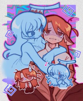 2girls :3 @_@ abstract_background ahoge animal_ears arm_around_shoulder art_trade blood blood_on_face brown_eyes brown_hair chibi chibi_inset crossdressing crossdressing_(ftm) ghost glitch highres long_hair looking_up multiple_girls original shirt static sweat white_shirt yappari