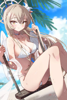 1girl bare_shoulders bikini blue_archive blue_sky braid breasts brown_eyes brown_hair choker cleavage closed_mouth cloud collarbone commentary_request crown_braid day feathered_wings feet_out_of_frame flower hair_between_eyes hair_flower hair_ornament hands_up knees_up long_hair mao_xiaozha_(rumiechen) medium_breasts nagisa_(blue_archive) on_swing outdoors sitting sky smile solo swimsuit swing very_long_hair white_bikini white_choker white_flower white_wings wings
