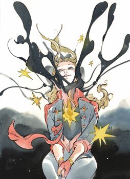 1girl black_shirt blonde_hair blue_jacket blue_pants body_horror braid captain_marvel_(marvel) carol_danvers comic_cover commentary cover cover_page fingerless_gloves floating_hair gloves green_eyes highres invisible_chair jacket long_hair marvel official_art pants parted_lips peach_momoko red_gloves red_trim shirt sitting smile solo sparkle superhero_costume textless_version