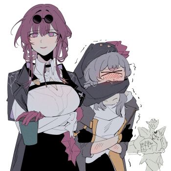 >_< 1boy 3girls armor back black_choker black_gloves black_jacket black_shorts black_skirt blade_(honkai:_star_rail) blush breasts carrying carrying_person choker closed_eyes closed_mouth clothing_cutout coat cold collarbone collared_shirt commentary_request cowboy_shot crossed_arms cup d0600059994959 disposable_coffee_cup disposable_cup drill_hair eyewear_on_head full_armor gloves grey_hair grey_jacket hair_between_eyes hair_over_one_eye hair_ribbon high-waist_shorts high_ponytail highres holding holding_cup honkai:_star_rail honkai_(series) jacket kafka_(honkai:_star_rail) korean_commentary lapels large_breasts long_hair long_sleeves looking_at_viewer mecha medium_breasts multiple_girls open_clothes open_jacket pink_pupils ponytail power_armor puffy_long_sleeves puffy_sleeves purple_eyes purple_gloves purple_hair purple_lips ribbon robot round_eyewear sam_(honkai:_star_rail) shirt short_hair shorts shoulder_cutout sidelocks silver_wolf_(honkai:_star_rail) simple_background skirt smile spider_web_print standing stellaron_hunters_(honkai:_star_rail) stelle_(honkai:_star_rail) sunglasses t-shirt tearing_up teeth trailblazer_(honkai:_star_rail) trembling white_background white_shirt yuri