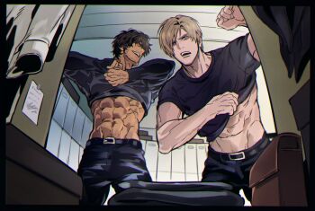 2boys abs arm_support arms_up beard_stubble belt belt_buckle black_belt black_border black_hair black_shirt blonde_hair blue_eyes blue_pants border brown_eyes buckle carlos_oliveira clothes_lift commentary crew_neck facial_hair folded_clothes groin leaning_forward leon_s._kennedy lifting_own_clothes locker locker_room long_sleeves looking_to_the_side male_focus multiple_boys muscular muscular_male navel open_mouth own_hands_together pants paper resident_evil shirt shirt_lift short_sleeves stubble symbol-only_commentary t-shirt teeth umbrella_rpd unworn_clothes upper_teeth_only white_shirt