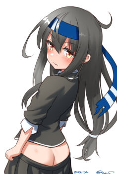 1girl ass black_hair blazer blue_headband brown_eyes hachimaki hair_between_eyes hatsushimo_(kancolle) hatsushimo_kai_ni_(kancolle) headband jacket kantai_collection long_hair looking_at_viewer looking_back low-tied_long_hair one-hour_drawing_challenge pleated_skirt ray.s skirt very_long_hair