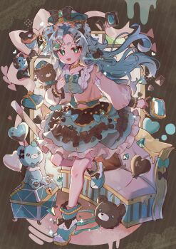 1girl :3 :d animal_ears balloon bear_ears black_bow blush bow bowtie brown_background commentary diagonal-striped_background frilled_skirt frills full_body green_bow green_bowtie green_eyes green_hair green_hat green_shoes green_skirt hat heart_balloon highres long_hair long_sleeves looking_at_viewer open_mouth original parted_bangs shirt shoes skirt smile solo standing standing_on_one_leg striped_background stuffed_animal stuffed_toy symbol-only_commentary teddy_bear thick_eyebrows treasure_chest tsukumi_bis white_shirt