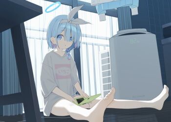 1girl air_conditioner alternate_costume anohito401 barefoot blue_archive blue_hair blue_halo braid cable clothes_hanger collarbone colored_inner_hair commentary_request curtains day fence game_console hair_over_one_eye hair_ribbon hairband halo handheld_game_console holding holding_handheld_game_console looking_at_viewer medium_hair multicolored_hair object_request pink_hair ribbon shirt single_braid sitting skirt solo translation_request unworn_shirt unworn_skirt washing_machine white_hairband white_ribbon white_shirt