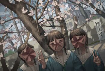 3girls black_hair blouse brown_eyes building cherry_blossoms day dutch_angle female_focus green_neckwear looking_at_viewer low_twin_braids multiple_girls original outdoors sailor_collar school_uniform shirt short_braid smile tensen_(dotted_line) tree twin_braids v what white_sailor_collar