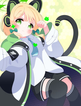 1girl animal animal_ear_headphones animal_ears black_shorts black_thighhighs blonde_hair blue_archive blue_necktie blush bow cat cat_ear_headphones cat_ears cat_girl cat_tail fake_animal_ears floating green_background green_bow green_eyes hair_bow halo headphones heart highres honeycomb_(pattern) honeycomb_background hood hooded_jacket jacket long_sleeves looking_at_viewer midori_(blue_archive) necktie open_clothes open_jacket paw_pose r245 school_uniform shirt short_hair shorts sparkle tail thighhighs white_jacket white_shirt wide_sleeves