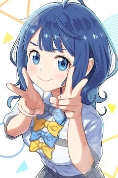 1girl absurdres blue_bow blue_eyes blue_hair blush bow closed_mouth commentary double_v gimi_00 grey_skirt highres looking_at_viewer make_heroine_ga_oo_sugiru! shirt short_sleeves skirt solo v white_shirt yanami_anna yellow_bow