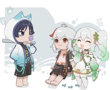 Rule 34 | 1girl, 2boys, adapted costume, animal ear hood, antenna hair, aqua gem, aranara (genshin impact), arm at side, arms at sides, bag, baiyuyi, barefoot, baseball bat, belt, black bag, black belt, black choker, black hair, black shirt, black shorts, blue hood, blue jacket, blue sleeves, blunt ends, chewing gum, choker, choppy bangs, closed eyes, closed mouth, creature print, crossed bangs, dress, eyelashes, facing another, fake animal ears, footprints, gem, genshin impact, gold trim, gradient clothes, gradient hair, gradient hood, gradient jacket, gradient sleeves, green hair, green sleeves, grey hood, grey jacket, hair between eyes, hair ornament, hakama, hakama shorts, half crown braid, hand in pocket, handbag, hashtag-only commentary, highres, holding, holding baseball bat, hood, hood down, hood up, hooded jacket, index finger raised, jacket, japanese clothes, kaedehara kazuha, kneehighs, leaf, leaf hair ornament, leaf print, long hair, long sleeves, looking at another, low ponytail, maple leaf, maple leaf print, medium hair, multicolored hair, multiple boys, nahida (genshin impact), off shoulder, open clothes, open jacket, open mouth, over shoulder, pleated shorts, pointy ears, ponytail, purple eyes, red eyes, red hair, scaramouche (genshin impact), shirt, shorts, shoulder bag, side ponytail, sidelocks, sitting, slime (genshin impact), smile, socks, standing, streaked hair, turtleneck, turtleneck shirt, undershirt, vision (genshin impact), wanderer (genshin impact), weapon, weapon over shoulder, white background, white dress, white hair, white hood, white jacket, white sleeves, white socks