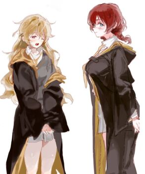 Rule 34 | 0 0 (oooooo0), 2girls, ;d, alternate costume, alternate universe, aqua eyes, black robe, blush, braid, brown hair, collared shirt, commentary, emma verde, feet out of frame, freckles, grey skirt, harry potter (series), hogwarts school uniform, hood, hood down, hooded robe, hufflepuff, konoe kanata, long hair, loose necktie, love live!, love live! nijigasaki high school idol club, low twin braids, miniskirt, multiple girls, necktie, one eye closed, open mouth, pleated skirt, purple eyes, robe, school uniform, shirt, simple background, skirt, smile, twin braids, untranslatable commentary, very long hair, white background, white shirt, wizarding world, yellow necktie