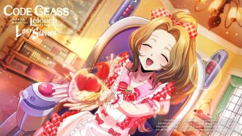 1girl ^_^ apron arms_up bag blurry blurry_background blush bokeh bookshelf bow bowtie brown_hair candy chair chocolate chocolate_heart closed_eyes code_geass code_geass:_lost_stories collarbone commentary_request cupping_hands curtained_hair day depth_of_field dutch_angle f4samurai facing_viewer flat_chest flower food forehead frilled_apron frilled_wristband frills fruit game_cg hair_bow happy heart heart-shaped_food high_ponytail highres holding holding_food indoors light_blush light_particles long_hair maid_apron nunnally_vi_britannia official_art on_chair open_mouth outstretched_arms own_hands_together pink_shirt plaid_bow plastic_bag ponytail powered_wheelchair puffy_short_sleeves puffy_sleeves red_bow red_bowtie shirt short_sleeves sitting smile solo sparkle strawberry tiered_tray valentine wheelchair white_apron white_flower window wristband