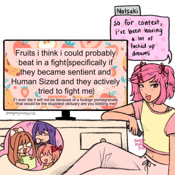 ? bow brown_hair closed_eyes closed_mouth commentary crying doki_doki_literature_club elbow_rest english_commentary english_text hair_bow hair_ornament hairclip highres knee_up long_hair looking_at_viewer midriff monika_(doki_doki_literature_club) natsuki_(doki_doki_literature_club) navel open_mouth pants pengoopilot pillow pink_eyes pink_hair pink_pants purple_hair red_bow red_ribbon ribbon sayori_(doki_doki_literature_club) shirt short_hair short_sleeves sitting smile solo_focus speech_bubble sweatpants television white_bow yellow_shirt yuri_(doki_doki_literature_club)