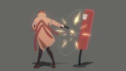 1girl among_us animated blonde_hair blue_eyes capelet clenched_hand collared_shirt dum_sticky_note fighting_game firing floating_clothes gun handgun high-waist_skirt holding holding_gun holding_weapon hololive hololive_english mazumaro necktie open_mouth pistol punching punching_bag red_necktie shirt shirt_tucked_in short_necktie shotgun skirt solo syringe thigh_strap thighhighs video virtual_youtuber watson_amelia watson_amelia_(1st_costume) weapon white_shirt