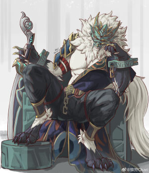 1boy abs absurdres artist_name bara chinese_commentary claws commentary_request cuffs dated fangs furry furry_male head_on_hand highres holding holding_sword holding_weapon honkai:_star_rail honkai_(series) hoolay_(honkai:_star_rail) looking_at_viewer male_focus masked muscular muscular_male okari_01 partially_undressed pectorals shackles sitting sword watermark weapon weibo_username weibo_watermark wolf_boy