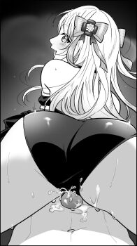 1boy 1girl ass bikini blush buttjob chaos_marie_(grimms_notes) grimms_notes hair_ribbon heart heart-shaped_pupils highres huge_ass looking_at_viewer maid maid_bikini monochrome navel open_mouth penis pov ribbon smile steam sweat swimsuit symbol-shaped_pupils uncensored unconventional_maid user_wcre4824