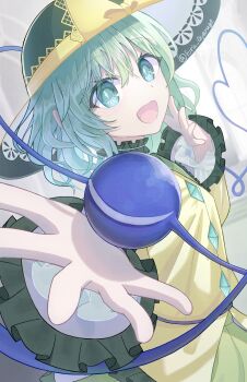 Rule 34 | 1girl, black hat, blush, bow, buttons, commentary request, diamond button, eyeball, fo ris, frilled shirt collar, frilled sleeves, frills, green eyes, green hair, green skirt, hat, hat bow, hat ribbon, heart, heart of string, highres, komeiji koishi, long sleeves, looking at viewer, open mouth, ribbon, shirt, short hair, skirt, smile, solo, third eye, touhou, twitter username, wide sleeves, yellow bow, yellow shirt