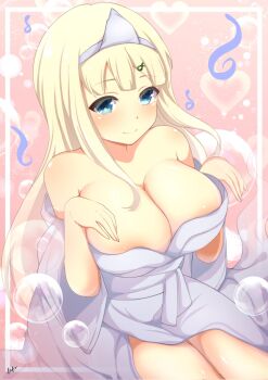 Rule 34 | 1girl, areola slip, bare shoulders, betterthanbone2, blonde hair, blue eyes, blunt bangs, blush, body blush, breasts, bubble, cleavage, closed mouth, corrupted twitter file, ghost costume, ghost pose, hair ornament, hairclip, heart, heart background, highres, infinity symbol, japanese clothes, kimono, large breasts, long hair, looking at viewer, obi, pink background, right-over-left kimono, sash, senran kagura, senran kagura shoujo-tachi no shin'ei, shiny skin, shiroshouzoku, signature, smile, solo, thighs, triangular headpiece, white kimono, wide sleeves, yomi (senran kagura)