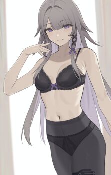 1girl absurdres bare_shoulders black_bra black_panties black_pantyhose bra breasts cleavage closed_mouth commentary grey_hair hair_intakes hair_ribbon hand_up herta_(honkai:_star_rail) highres honkai:_star_rail honkai_(series) light_blush long_hair looking_at_viewer medium_breasts nail_polish navel panties panties_under_pantyhose pantyhose purple_eyes purple_nails purple_ribbon ribbon smile solo stomach the_herta_(honkai:_star_rail) underwear ziddol