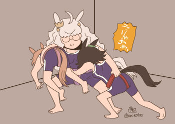 Rule 34 | 3girls, :i, ahoge, animal ears, barefoot, biwa hayahide (umamusume), black-framed eyewear, black hair, brown hair, closed mouth, commentary request, full body, glasses, grey background, grey hair, horse ears, horse girl, horse tail, jockstrap, long hair, male underwear, multiple girls, narita taishin (umamusume), one-piece swimsuit, onikobe rin, purple one-piece swimsuit, short hair, sumo, swimsuit, tail, tracen swimsuit, umamusume, underwear, v-shaped eyebrows, winning ticket (umamusume), wrestling