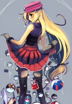Rule 34 | 1girl, bakemonogatari, black thighhighs, blonde hair, blue eyes, clothes lift, derivative work, dress, dress lift, female focus, from behind, great ball, grey background, hat, holding own skirt, long hair, looking at viewer, looking back, low-tied long hair, miniskirt, monogatari (series), nintendo, non-web source, parody, pleated skirt, poke ball, pokemon, pokemon x and y, porkpie hat, saitou chiwa, senjougahara hitagi, serena (pokemon), simple background, skirt, sleeveless, solo, thighhighs, ultra ball, very long hair, voice actor connection
