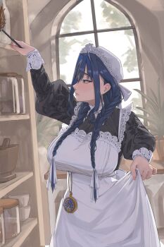 1girl analog_clock apron archinoer blue_eyes blue_hair blush braid braided_twintails breasts clock commentary cowboy_shot duster embroidered_dress english_commentary hair_intakes hat highres holding holding_duster holding_own_skirt hololive hololive_english indoors large_breasts long_hair looking_ahead maid maid_apron mob_cap ouro_kronii ouro_kronii_(maid) parted_lips plant potted_plant shelf solo standing table teeth tree twin_braids victorian_maid virtual_youtuber window