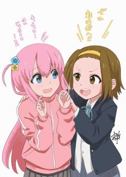 2girls blazer blue_eyes blue_jacket blue_ribbon bocchi_the_rock! brown_eyes brown_hair commentary_request crossover cube_hair_ornament forehead gotoh_hitori grey_skirt hair_between_eyes hair_ornament hair_over_eyes hairband hands_on_another&#039;s_shoulders highres jacket k-on! long_hair long_sleeves looking_at_another looking_to_the_side multiple_girls neck_ribbon one_side_up open_clothes open_jacket pink_hair pink_jacket pleated_skirt ribbon sakuragaoka_high_school_uniform school_uniform short_hair signature skirt standing tainaka_ritsu track_jacket translation_request winter_uniform wolkat yellow_hairband
