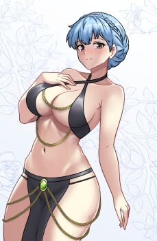 Rule 34 | 1girl, absurdres, arm up, blue hair, blush, braid, breasts, cleavage, fire emblem, fire emblem: three houses, grey eyes, halterneck, hand on own chest, hayato stuff, highres, large breasts, looking at viewer, marianne von edmund, marianne von edmund (timeskip), navel, nintendo, revealing clothes, short hair, sideboob, smile, solo, thighs