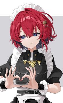 1girl adapted_costume ange_katrina belt black_belt black_dress black_hair blue_eyes border chain collared_dress colored_inner_hair cosplay crossed_bangs dot_nose dress earrings ellen_joe ellen_joe_(cosplay) expressionless flat_chest frilled_wrist_cuffs frills gradient_eyes grey_background hair_between_eyes hair_ornament head_tilt heart heart_hands jewelry long_bangs looking_past_viewer maid_headdress moechakkafire multicolored_eyes multicolored_hair nail_polish nijisanji official_art outside_border puffy_short_sleeves puffy_sleeves purple_eyes red_hair red_nails short_hair short_sleeves simple_background single_hair_intake solo tachibana_wataru_(123tsuki) triangle_hair_ornament upper_body virtual_youtuber white_border white_headdress wrist_cuffs x_hair_ornament