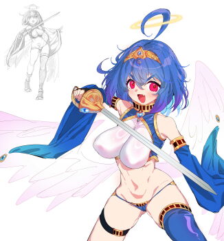 1girl absurdres ahoge angel angel_wings bare_shoulders blue_hair blue_panties blue_sleeves blue_thighhighs breasts commentary cowboy_shot crop_top detached_sleeves double-parted_bangs english_commentary fang feathered_wings hair_between_eyes halo headpiece highres holding holding_sword holding_weapon large_breasts looking_at_viewer open_mouth original panties rayno red_eyes redrawn reference_inset short_hair simple_background single_thighhigh skin_fang smile solo_focus stomach sword thigh_strap thighhighs underwear v-shaped_eyebrows weapon white_background wings yellow_halo