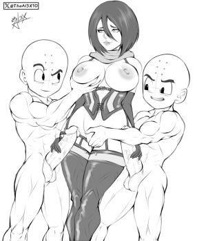 1girl 2boys bald bald_male black_eyes black_hair blush breasts clone crossover dragon_ball dual_persona excited excited_for_sex fingering groping_breast happy kuririn large_breasts large_penis mikasa_ackerman multiple_boys muscular muscular_male nipples penis penis_grab shingeki_no_kyojin smile smug theal3x10 thick_thighs thighs uncensored veins veiny_penis