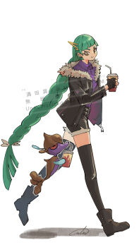 1girl alternate_costume black_boots black_shorts black_thighhighs blunt_bangs boots bow braid braided_ponytail closed_eyes collared_shirt colored_sclera colored_skin commentary_request cup drinking_straw fish fur-trimmed_jacket fur-trimmed_shorts fur_trim gen_6_pokemon green_hair highres holding holding_cup jacket latex_jacket latex_shorts lebanne_(pokemon) long_braid long_hair m_t_m nintendo pokemon pokemon_(creature) pokemon_legends:_z-a purple_shirt purple_skin red_sclera seahorse shirt shorts skrelp smile snout thighhighs tsurime white_bow