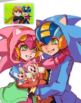 1boy 1girl amy_rose amy_rose_(cosplay) blue_helmet blue_jacket classic_amy classic_sonic cosplay cowboy_shot green_eyes helmet hood hood_up hooded_jacket jacket kingyo_ad mega_man_(series) mega_man_battle_network_(series) megaman.exe one_eye_closed pink_helmet roll.exe_(mega_man) screenshot_inset simple_background sonic_(series) sonic_the_hedgehog sonic_the_hedgehog_(cosplay) stuffed_toy valentine white_background