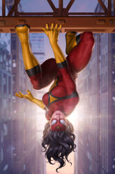 Rule 34 | 1girl, black hair, bodysuit, boots, breasts, building, city, day, elbow gloves, gloves, highres, jessica drew, knee boots, long hair, looking at viewer, marvel, medium breasts, outdoors, red bodysuit, red mask, skyscraper, solo, spider-man (series), spider-woman, upside-down, yellow footwear, yellow gloves, yoon junggeun