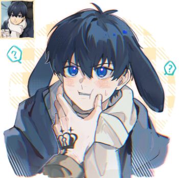 Rule 34 | 2boys, ?, animal ears, blue eyes, blue hair, blue lock, blush, coat, crown tattoo, grey sweater, hand on another's chin, hand tattoo, highres, hood, hood down, hooded coat, isagi yoichi, male focus, michael kaiser, multiple boys, pcal pcal, rabbit ears, reference inset, short hair, spoken question mark, sweater, tattoo, winter clothes, winter coat, yaoi