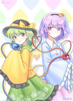 2girls :d absurdres artist_name black_hairband black_hat blue_shirt bow buttons closed_mouth collared_shirt commentary_request dated dot_mouth floral_print floral_print_skirt frilled_sleeves frills green_eyes green_hair green_skirt hair_ornament hairband hat hat_bow heart heart_background heart_button heart_hair_ornament highres kiri_(maoxianjiu) komeiji_koishi komeiji_satori light_blush looking_to_the_side medium_hair multiple_girls open_mouth pink_skirt print_skirt purple_eyes purple_hair red_eyes shirt skirt sleeves_past_fingers sleeves_past_wrists smile third_eye touhou yellow_bow yellow_shirt